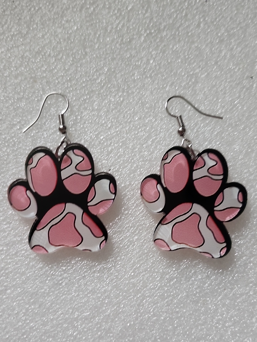 Hand Crafted Pink, White and Black Paw Print Dangle Earrings